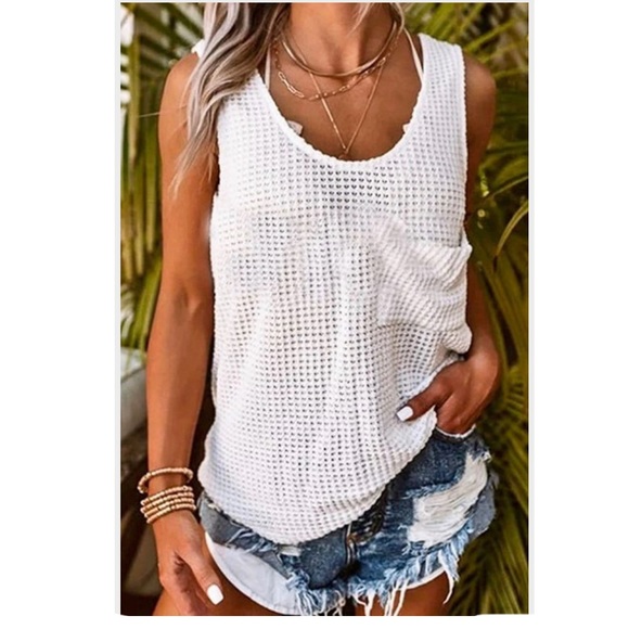 Tops - White Waffle Tank Top With Pocket